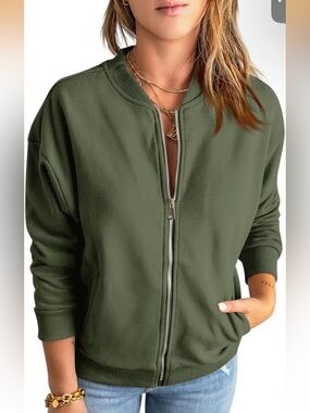 Zip-Front Bomber Jacket. Olive green Size Large. NWOT.